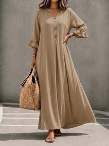 Linhara CURVE Women's Plus Size Notch V-Neck Mid-Length Sleeve Ruffle Design Long Dress, Spring Summer Autumn Winter Fall - Apricot - View 3