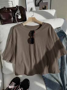 Comfortcana Solid Color Drop Shoulder Short Casual Plus Size T-Shirt - Brown - View 5