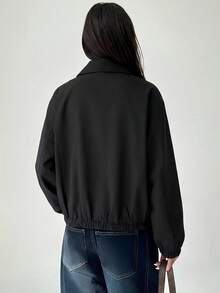 Aloruh 女款時尚單排扣長袖口袋夾克街頭風 - 黑色 - 查看 2