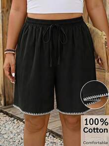 Comfylo Contrast Color Shell Embroidery Plus Size Women's Waist Tie Shorts - Black - View 1