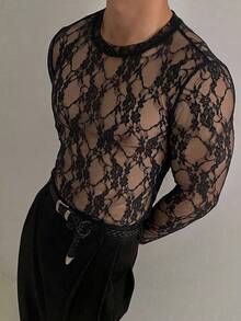 ZURIURI Men's Elegant Streetwear Sexy Casual Lace Sheer Long Sleeve T-Shirt Halloween Club Party Black Floral Autumn - Black - View 1