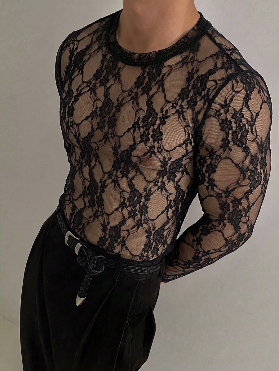 ZURIURI Men's Elegant Streetwear Sexy Casual Lace Sheer Long Sleeve T-Shirt Halloween Club Party Black Floral Autumn - Black - View 1