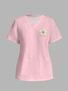 PopScrub 3D Floral Pink Casual Minimalist Scrub Top - Multicolor - View 1