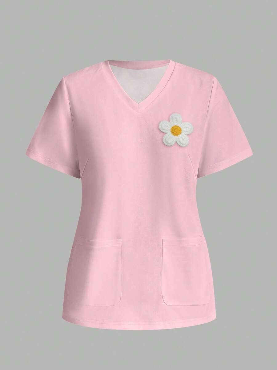 PopScrub 3D Floral Pink Casual Minimalist Scrub Top - Multicolor - View 1