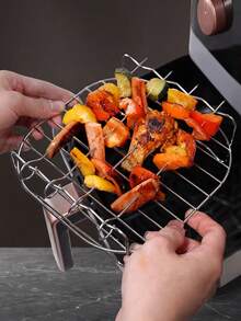 1PC Stainless Steel Air Fryer Skewer Rack With Sticks, Multi-Layer Square Barbecue Grill Stand, Detachable Raised Support Frame, Heat Resistant Non-Rust Roasting Accessory For Meat Vegetable Skewers, Easy Clean Kitchen BBQ Cooking Tool - Silver - View 8