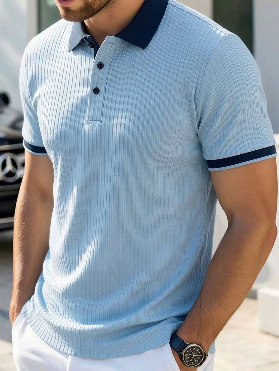 Manfinity Mode Camisa polo de manga corta con media abertura de botones y tejido acanalado para hombre - Azul - Ver 1