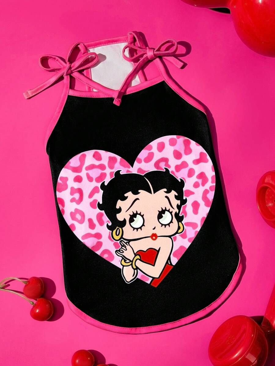 Betty Boop x SHEIN 1件裝卡通圖案印花寵物背心裙,貓咪狗咪衣服,尺寸XXS-XXXXL,特小號、特大號,俏皮性感豹紋愛心款 - 玫紅色 - 查看 1