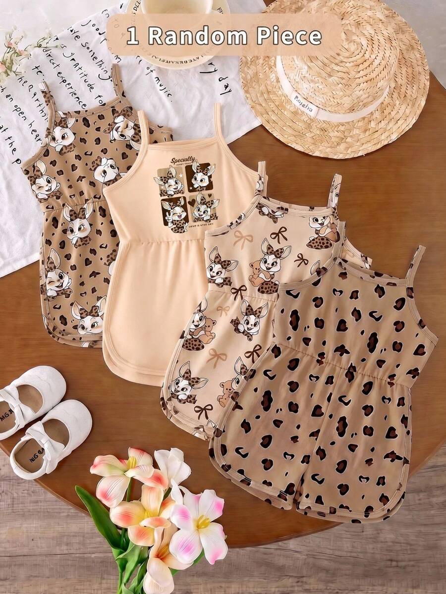 1pc Random, Baby Girl Summer New Soft Fabric Leopard Print Rabbit Pattern Printed Cami Round Neck Casual Romper, Casual Style Cute Style - Multicolor - View 1