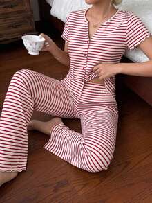 DAZY 女款條紋短袖上衣與長褲家居服套裝 - 紅白色 - 查看 7