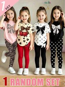 Summer Girls' Creative Leopard Cherry Love Polka Black Bow Pattern Printed Basic Short T Plus Bottom Pants Set Back-To-School School - Multicolor - View 1