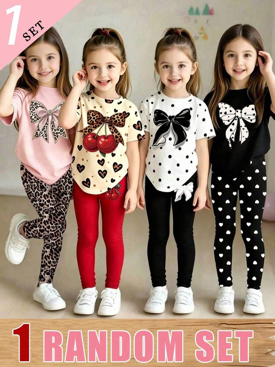 Summer Girls' Creative Leopard Cherry Love Polka Black Bow Pattern Printed Basic Short T Plus Bottom Pants Set Back-To-School School - Multicolor - View 1
