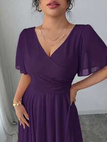 Elenzga Plus Size Women's V-Neck A-Line Chiffon Dress With Ruffle Sleeves, Elegant And Romantic - Purple - View 6