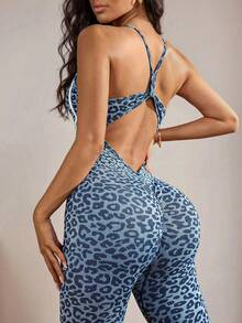 Slayform Slayform 1pc + One-Piece Long Pants + Hollow Back Design + White Contrast Collar Design/Blue Leopard Print + Fitness/Yoga + Fitness/Seamless - Multicolor - View 2