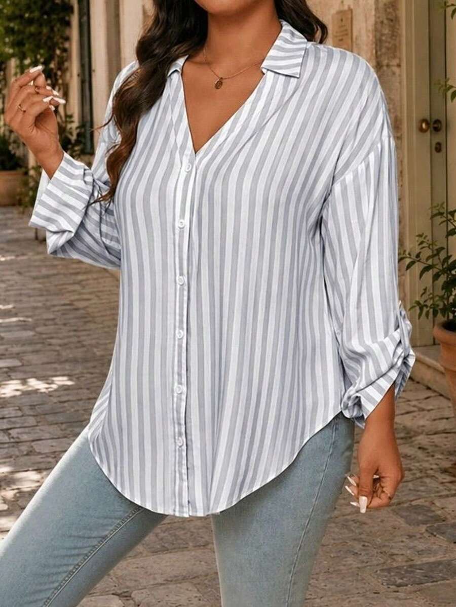 SHEIN Frenchy 大码休闲卡其色条纹长袖纽扣衬衫 - 灰色 - 查看 1