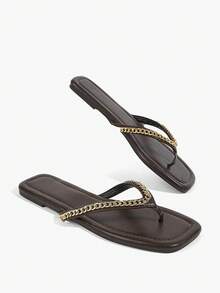 Grefit Sepatu Wanita Sandal Jepit Cokelat dengan Hiasan Paku Keling, Dihiasi dengan Dekorasi Piramida Emas Bergaya Retro, Cocok untuk Pakaian Jalanan dan Pantai Musim Semi dan Musim Panas - Coklat 3r - View 5
