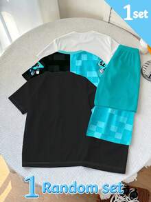 SHEIN 1 Random Set, Colorblock Letter Block Print Short Sleeve Set, Casual Fashion Style - Multicolor - View 2