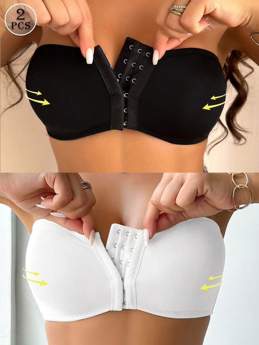 SHEIN 婚禮 2件/組 多色女款內衣 前扣式 聚攏加厚胸墊內衣 - 黑與白 - 查看 1