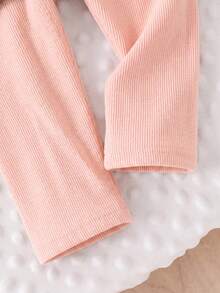 SHEIN 2pcs Baby Girl Cardigan + Pants Sweet Elegant Light Pink Big Bow Ribbed Knit Button Long Sleeve Round Neck Regular Birthday Fall Back To School Solid - Multicolor - View 6