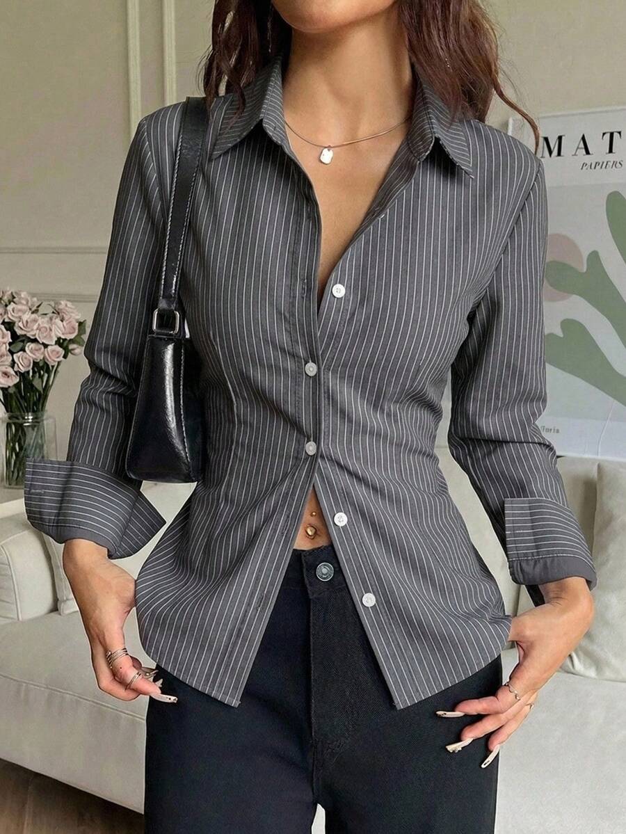 SHEIN EZwear 女款休閒條紋長袖收腰襯衫,適合通勤、約會、派對、秋季/冬季、夏季、婚禮、海灘、畢業典禮,優雅休閒,適合日常通勤、外出、Y2K、音樂節、假期、返校穿搭 - 彩色 - 查看 1