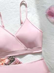 SHEIN 青少年女孩夏季海灘度假風純色兩件式比基尼套裝搭配豹紋碎花罩衫裙 3件組 - 彩色 - 查看 5