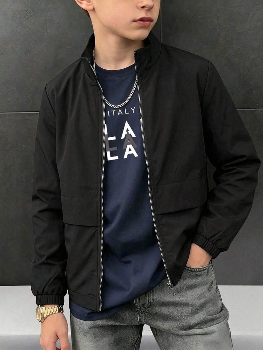 SHEIN 兒童青少年男孩多功能純黑色開襟長袖工裝夾克,適合通勤、上學、日常休閒、度假、旅行、運動,秋冬款 - 黑色 - 查看 1