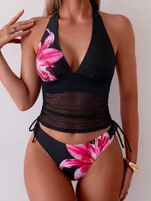 Swim Chiccia 女士热带印花两件式比基尼套装，吊带上衣搭配可爱三角泳裤，畅销沙滩度假休闲优雅装扮，情人节派对佳选 - 彩色 - 查看 3