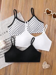 SHEIN Tween Girl Knit Solid Color Polka Dot Camisole Bra 3 Pieces Set - Multicolor - View 2