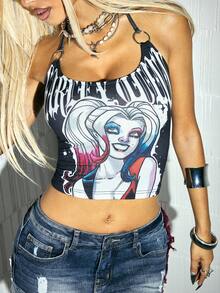 Harley Quinn X SHEIN ملابس علوية تانك قصيرة بحمالة رقبة وطبعة كرتونية للنساء موضة صيفية - الأسود - مشاهدة 3