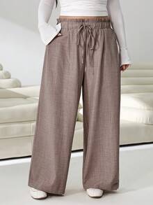 Solflare Plus Size Casual Daily Pocket Loose Drawstring Waist Pants - Khaki - View 3