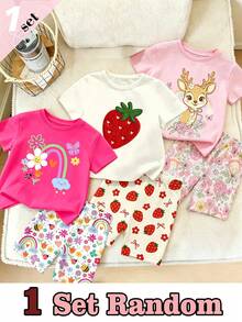 (1 Set Random) Girls' Rainbow Bee Colorful Flower Butterfly Heart Deer Strawberry Bow Pattern Basic Short T-Shirt & Cycling Pants In Pink, Magenta, Beige - Multicolor - View 1