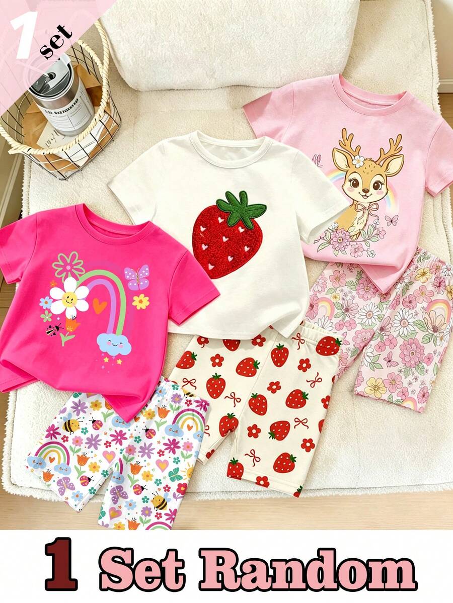 (1 Set Random) Girls' Rainbow Bee Colorful Flower Butterfly Heart Deer Strawberry Bow Pattern Basic Short T-Shirt & Cycling Pants In Pink, Magenta, Beige - Multicolor - View 1