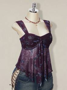 SHEIN ICON 女款全印花百褶休閒日常穿搭上衣 - 紫色 - 查看 15