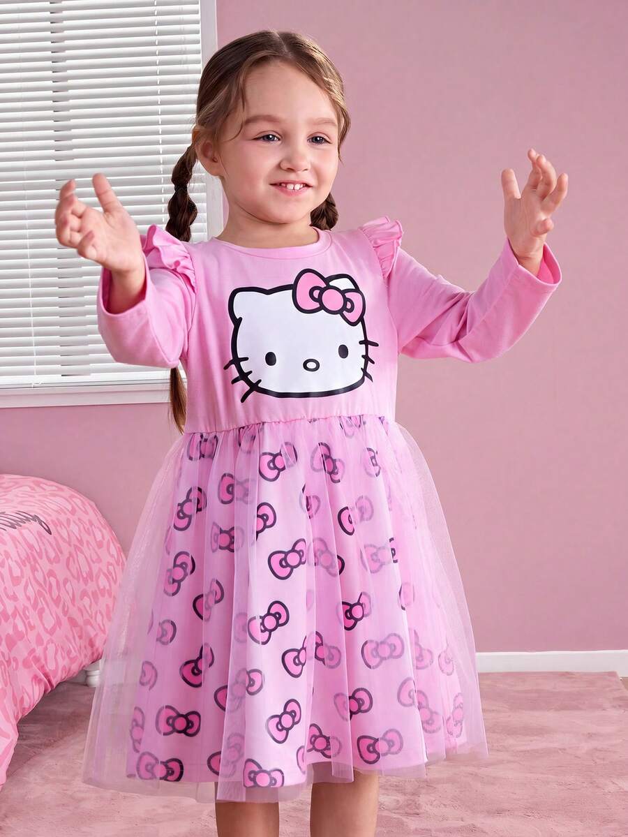 HELLO KITTY AND FRIENDS | SHEIN 年轻女孩甜美可爱印花圆领长袖网眼蝴蝶结全身印花喇叭下摆针织粉色连衣裙 - 粉色 - 查看 1