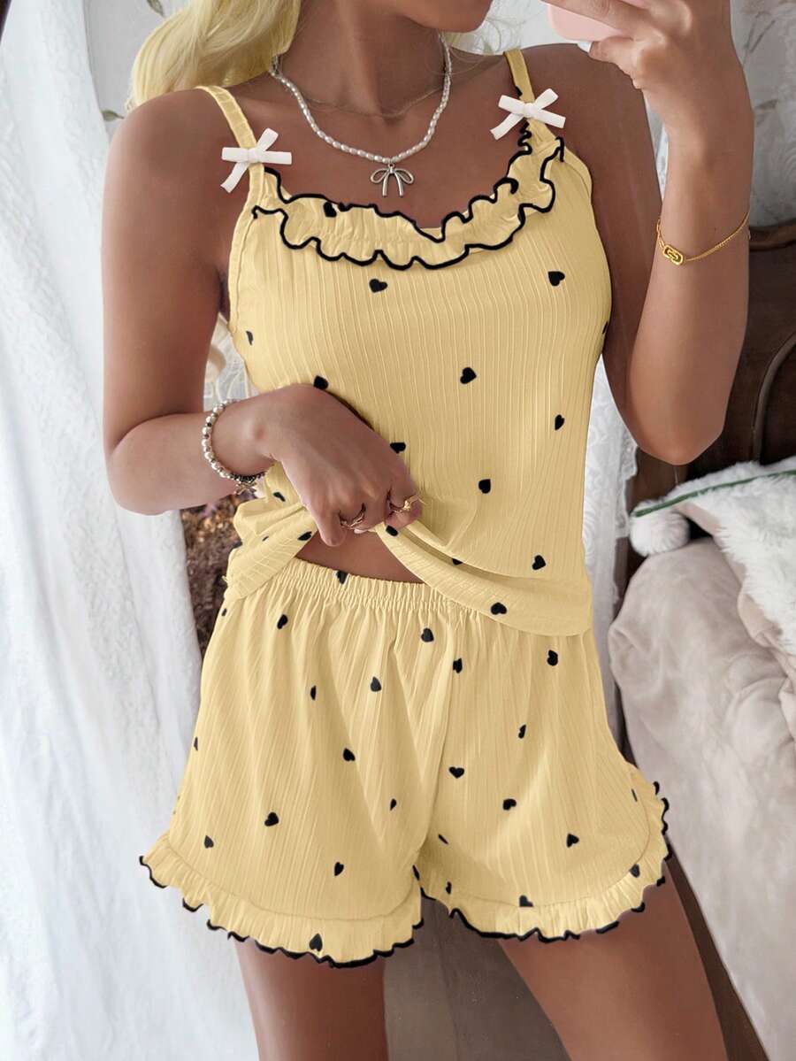 Tulorae Women's Ribbed Velvet Camisole & Shorts Pajama Set With Ruffle Trim, Small Bow And Romantic Heart Design - Yellow - View 1
