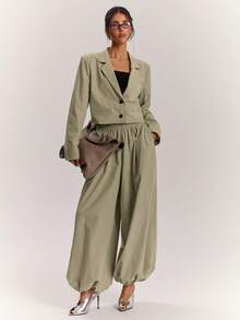 SHEIN BAE Blazer Kasual Wanita Lengan Panjang Kerah Berkerah Warna Polos dengan Kancing Tunggal - Khaki - View 1