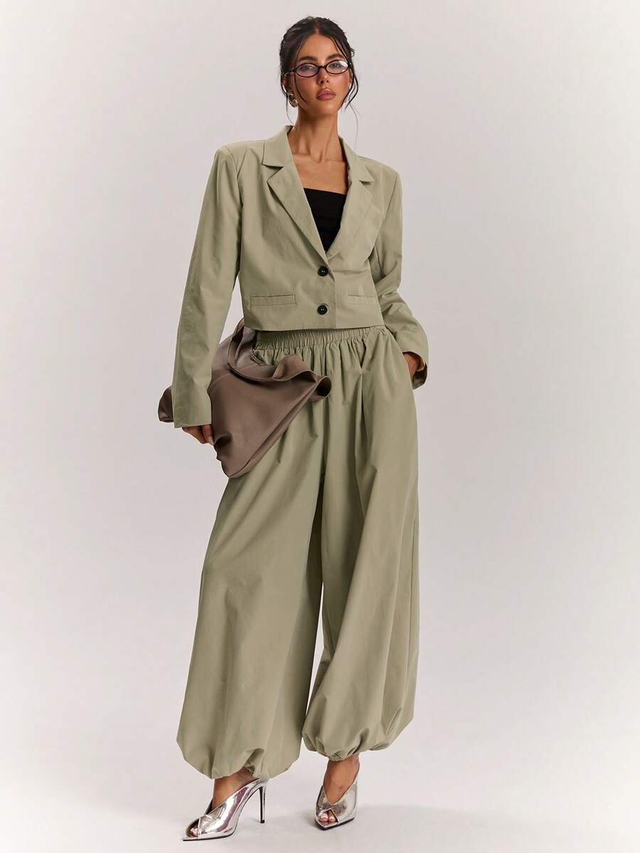 SHEIN BAE Blazer Kasual Wanita Lengan Panjang Kerah Berkerah Warna Polos dengan Kancing Tunggal - Khaki - View 1