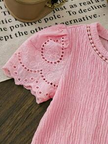 SHEIN LMoss Kids LMoss Young Girl Knitted Solid Color Round Neck Lace Ruffle Trim Fitted T-Shirt - Pink - View 4