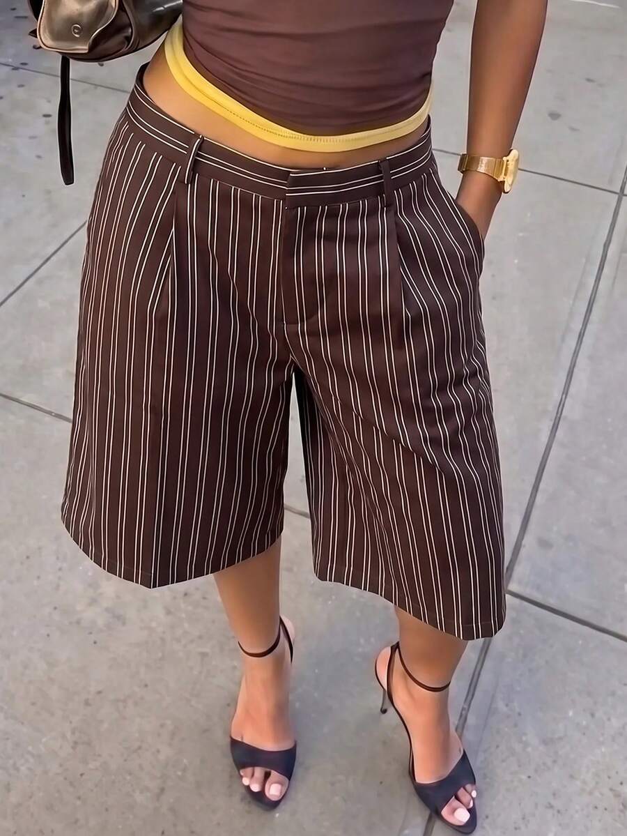Slaydiva Women's Casual Commute Striped Bermuda Shorts - Brown - View 1