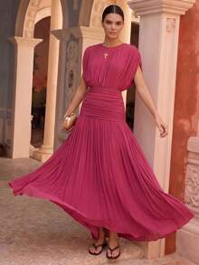 Anewsta Spring/Summer New Solid Color Elastic Mesh Soft Delicate Round Neck Ruched Design Long Dress For Women Party Night Fuchsia Pink Elegant - Hot Pink - View 3