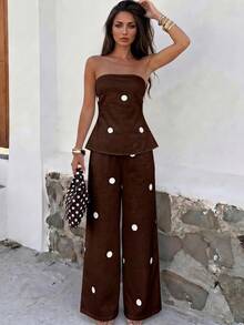 Firerie Setelan Atasan Bandeau dan Celana Panjang Wanita Musim Panas 2 Potong, Setelan Celana Panjang Motif Polkadot Minimalis Wanita - Coklat - View 4
