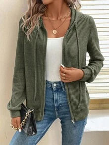 Easowa Sport Game Day Tracksuit Women Athleisure Hooded Zipper Front Sweatshirt, Olive Green Striped Comfortable Casual Long Sleeve Tops Travel Autumn - Green - View 4