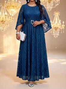 Fleurora Plus Size Autumn And Elegant Commuting Office Evening Dinner Light Blue Knitted Round Neck Pencil Wedding Wedding Fall - Blue - View 3