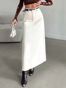 SHEIN Tall High Waist Regular Fit Button Front Casual Style Plain Off-White Color Rinse Wash Denim Skirt Weekend Everyday Autumn - Beige - View 4