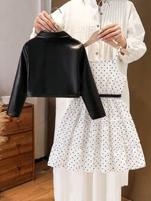 SHEIN Elladie kids 女童新款西裝領長袖外套搭配鬆緊腰 A 字版層次花卉印花吊帶洋裝 2 件套，適合休閒返校穿著 - 白色 - 查看 3