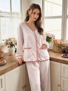 Snug Reverie Women's Autumn/Winter Plush Embroidered Lace Trim Double Pocket Open Front Long Sleeve Pants Pajama Set - Pink - View 6