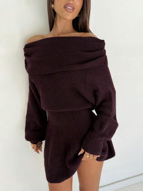 Aloruh Women's Autumn/Winter Off-Shoulder Warm Knitted Long-Sleeve Sweater Dress – Casual Knit Dress