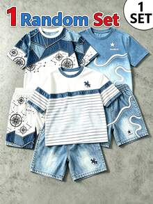1 Random Set,Summer Boys' Casual Striped Set, Boys' Contrast Color Embroidered Crew Neck Short Sleeve T-Shirt + Solid Color Bermuda Shorts - Multicolor - View 2