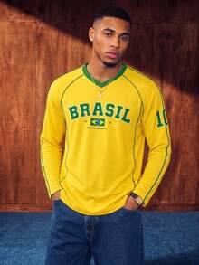 Manfinity Campus Court American Vintage Brazil Team Badge & Letter Print Jersey Top, Street Casual V-Neck Long Sleeve Shirt, Men's & Women's Graphic T-Shirt, Men's Autumn/Winter Fashion Travel Sports Shirt, Football, Football Supplies - Multicolor - View 5
