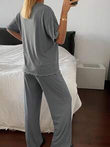 DAZY 2件組極簡純色寬鬆短袖T恤與直筒長款睡褲套裝，夏季女款居家休閒服 - 深灰色 - 查看 2