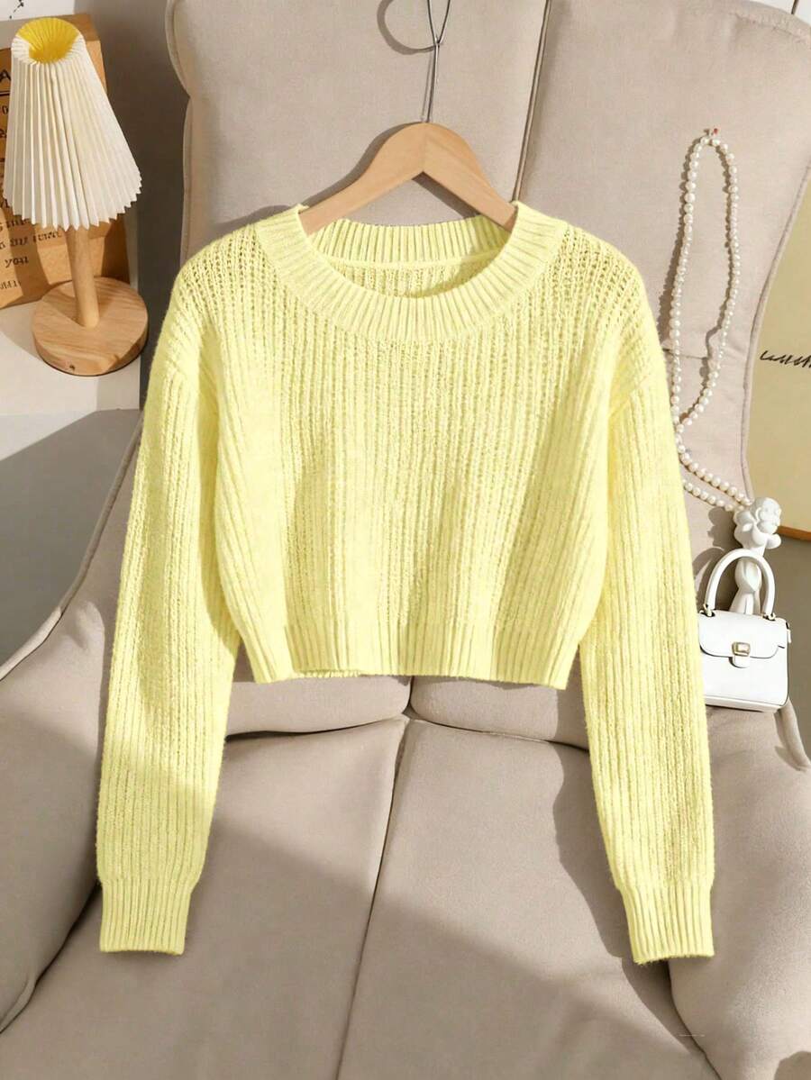SHEIN Tween Girl Casual Versatile Solid Color Cropped Sweater - Yellow - View 1